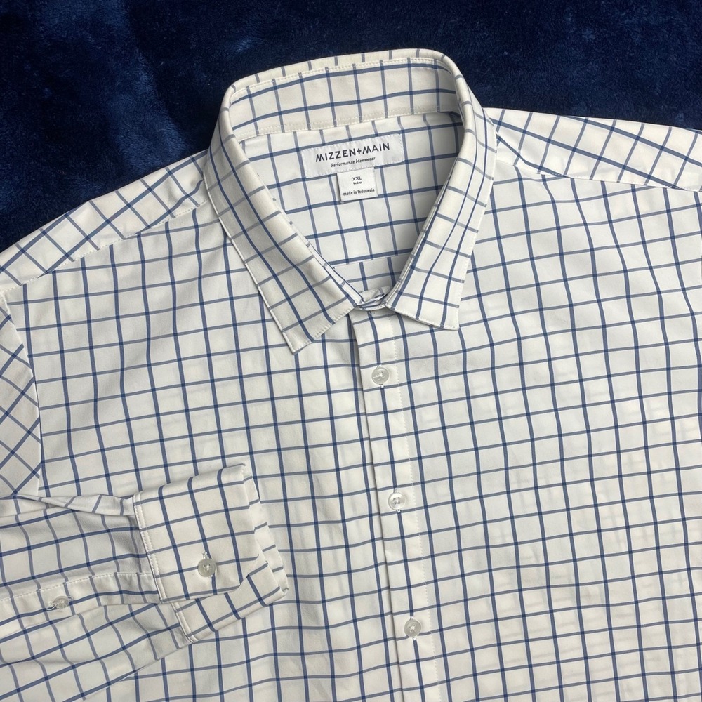 Mizzen+Main Performance Menswear XXL Trim Blue Check Long Sleeve‎ Dress Shirt